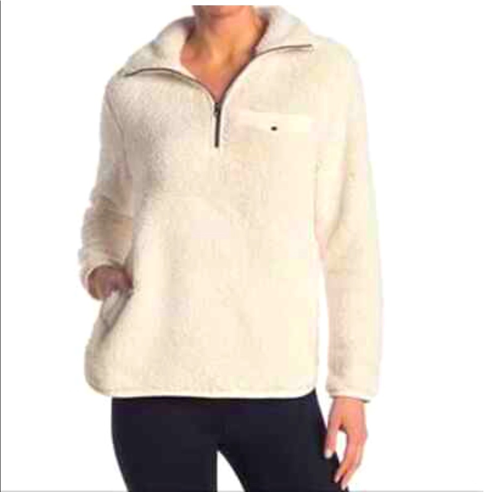 TE VERDE Ecru/Cream Teddy Faux Fur Half Zip Pullover Sweater M